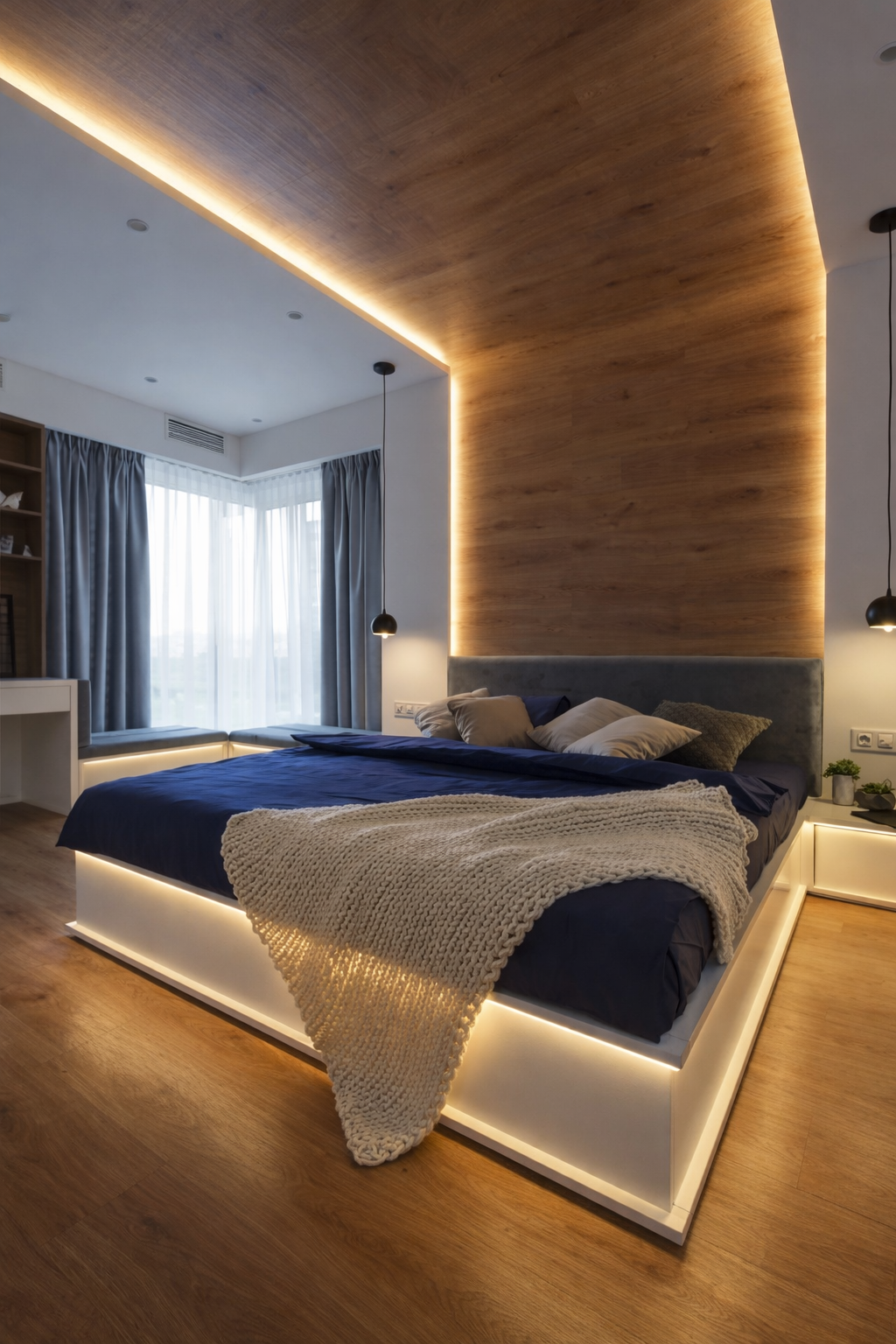 Cozy Bedroom with Wood Panel & LED Lighting